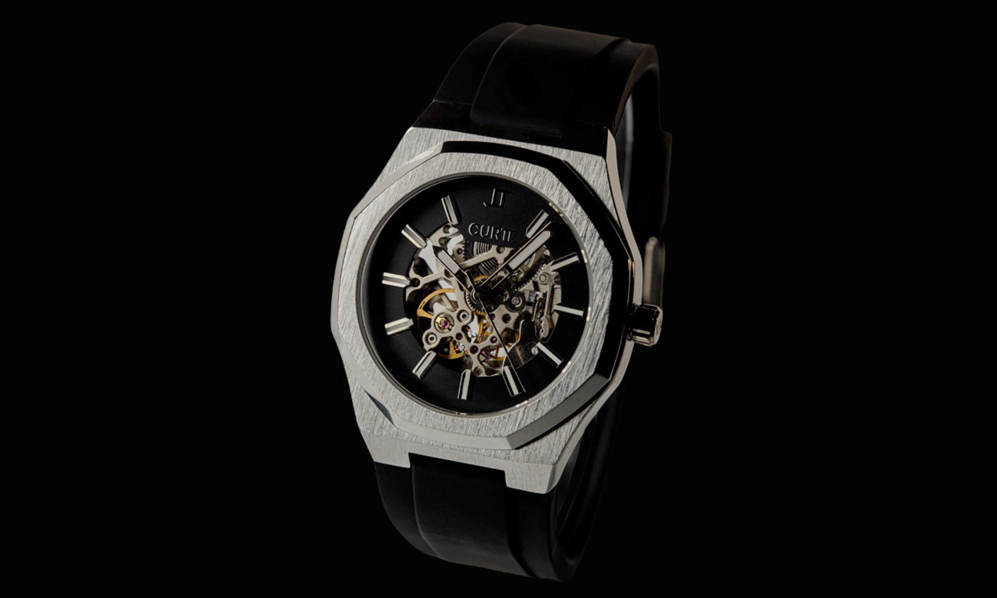 Relógio automático masculino CURTT Visionaire Silver com mostrador esqueleto e pulseira preta — marca brasileira