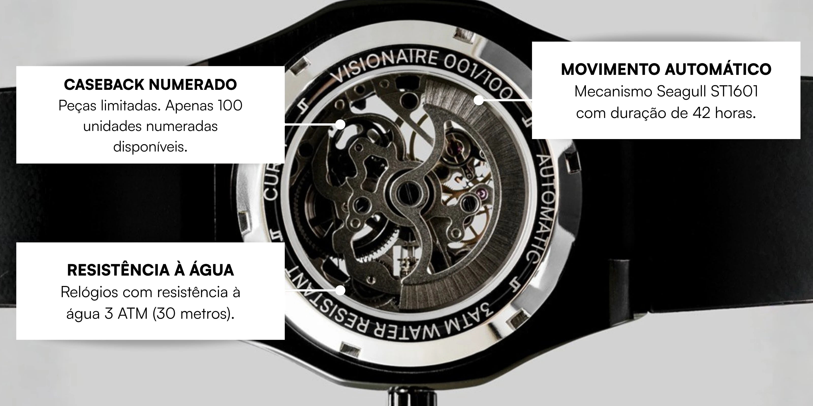 Caseback do relógio automático masculino CURTT Visionaire Black com movimento Seagull ST1601 à vista