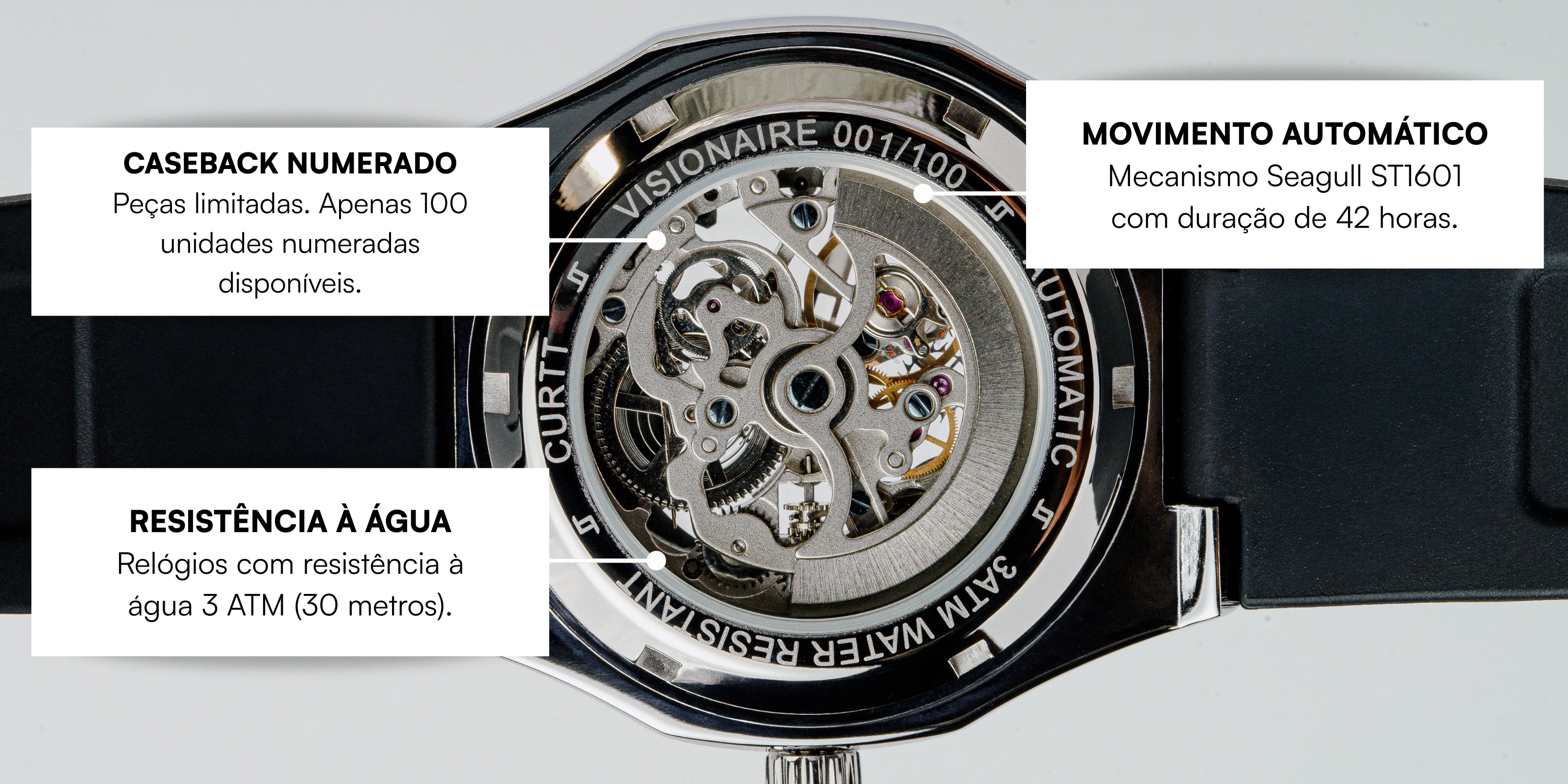 Caseback do relógio automático masculino CURTT Visionaire Silver com movimento Seagull ST1601 à vista