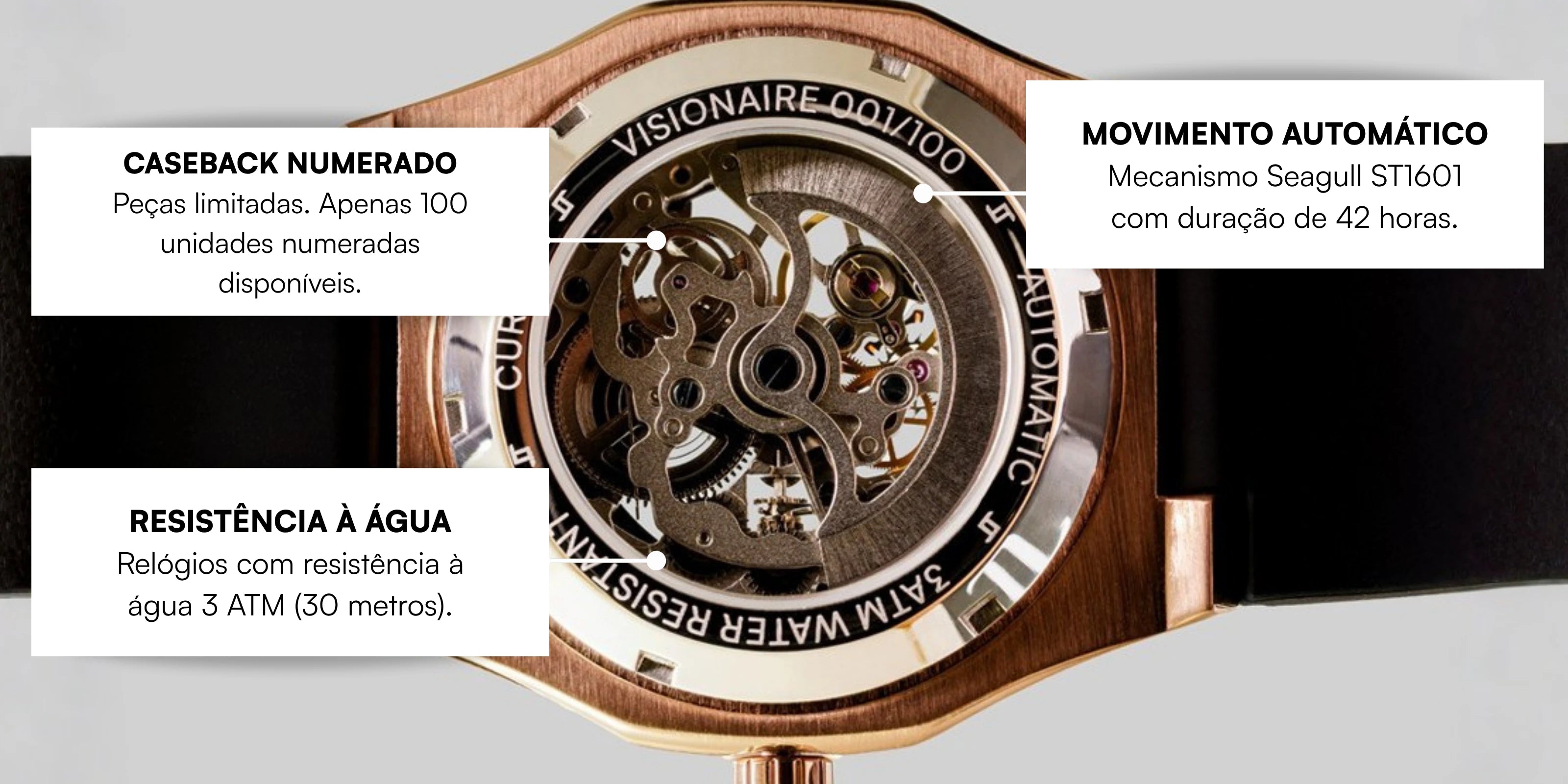 Caseback do relógio automático masculino CURTT Visionaire Rose com movimento Seagull ST1601 à vista