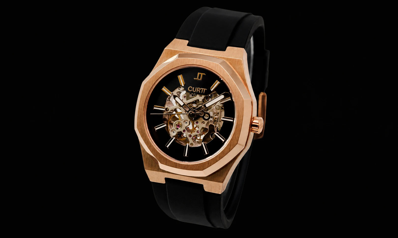 Relógio automático masculino CURTT Visionaire Rose gold com mostrador esqueleto — acessório de marca brasileira