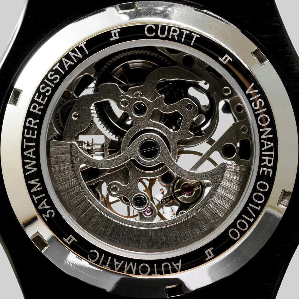 Relógio automático masculino CURTT Visionaire Black (preto) — design próprio, edição 001/100