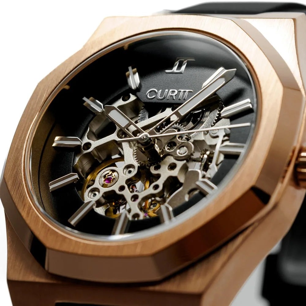 Relógio automático masculino CURTT Visionaire Rose (rosé) — design próprio, edição 001/100