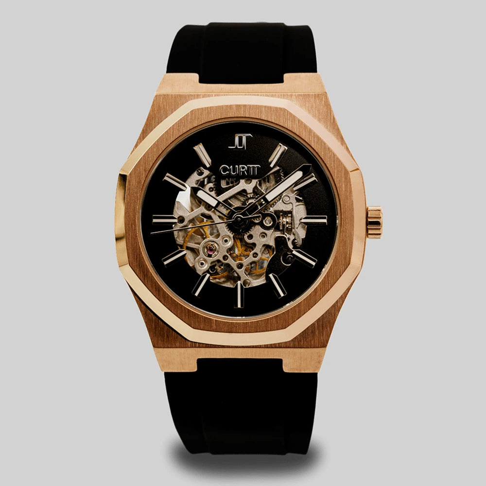 Relógio automático masculino CURTT Visionaire Rose (rosé) — design próprio, edição 001/100