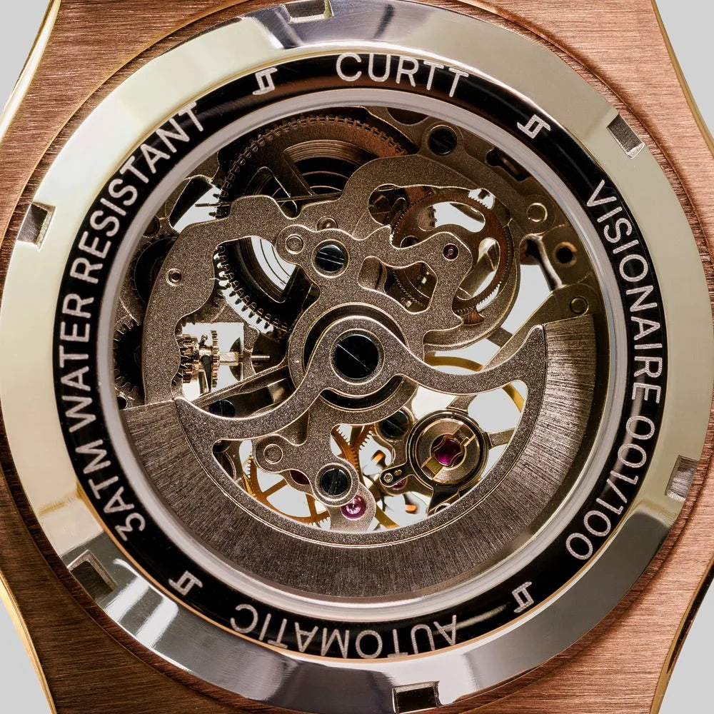 Relógio automático masculino CURTT Visionaire Rose (rosé) — design próprio, edição 001/100